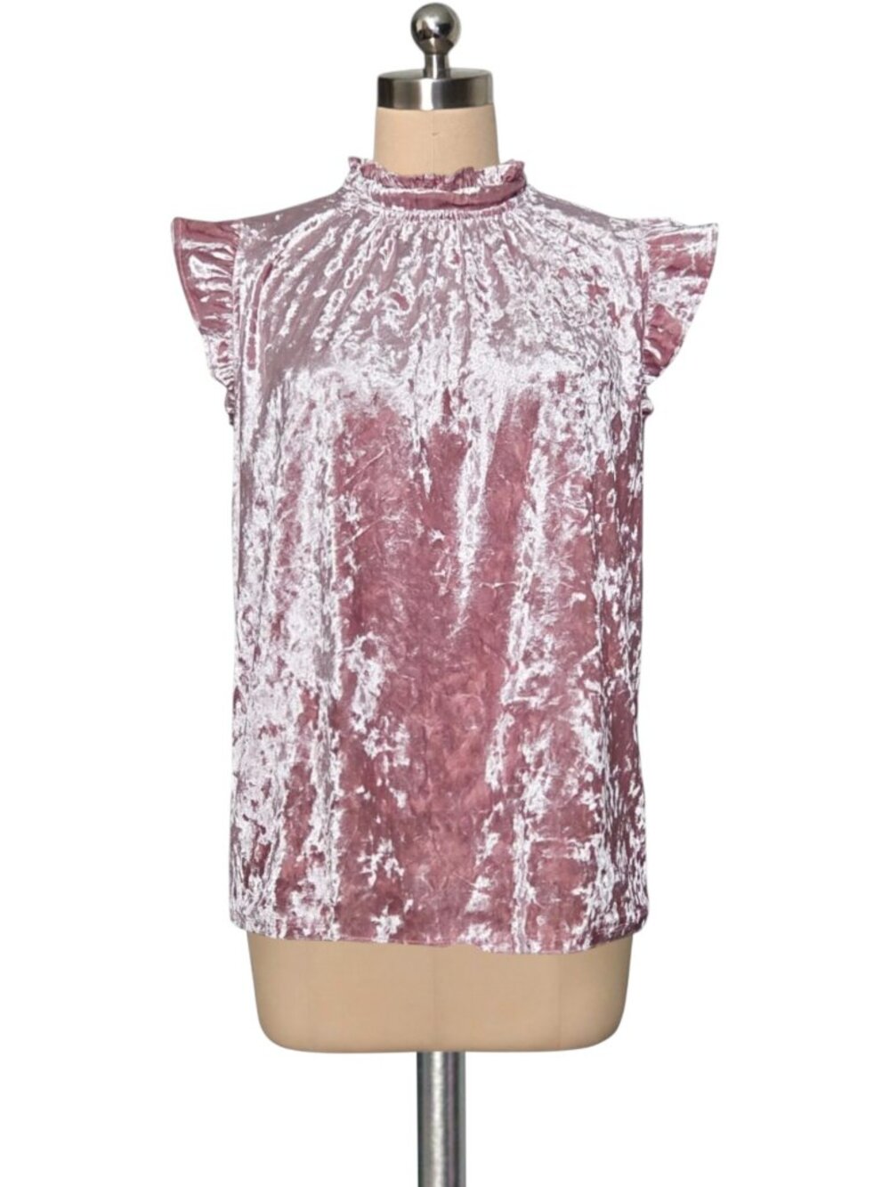 GIBSON LOOK Blush Pink  Velvet Stretchy Ruffle Neck Blouse Top  S